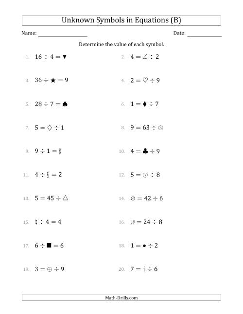 The Unknown Symbols in Equations - Division - Range 1 to 9 - Any Position (B) Math Worksheet