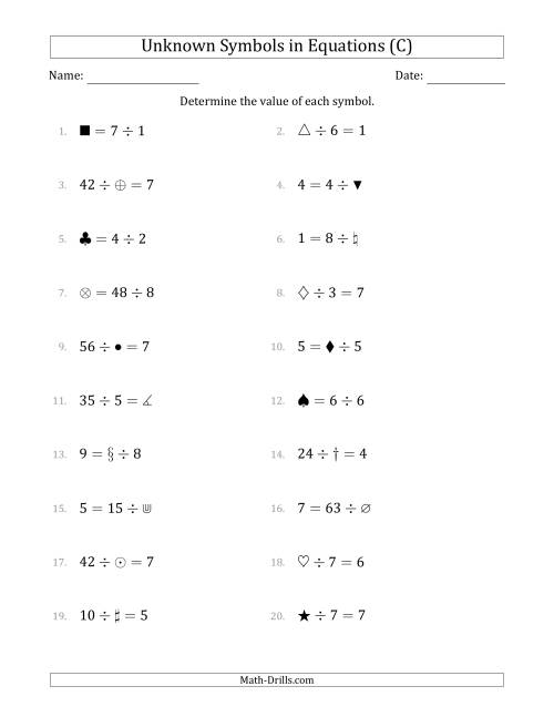 The Unknown Symbols in Equations - Division - Range 1 to 9 - Any Position (C) Math Worksheet
