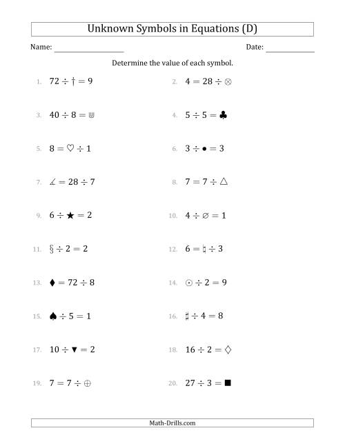 The Unknown Symbols in Equations - Division - Range 1 to 9 - Any Position (D) Math Worksheet