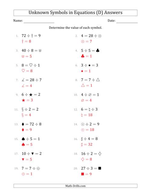 The Unknown Symbols in Equations - Division - Range 1 to 9 - Any Position (D) Math Worksheet Page 2