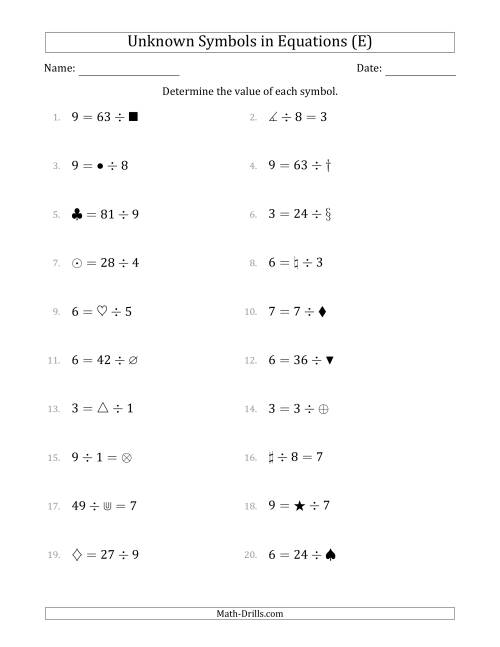 The Unknown Symbols in Equations - Division - Range 1 to 9 - Any Position (E) Math Worksheet