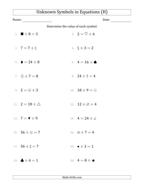 The Unknown Symbols in Equations - Division - Range 1 to 9 - Any Position (H) Math Worksheet