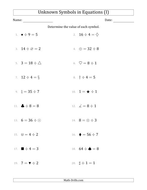 The Unknown Symbols in Equations - Division - Range 1 to 9 - Any Position (I) Math Worksheet