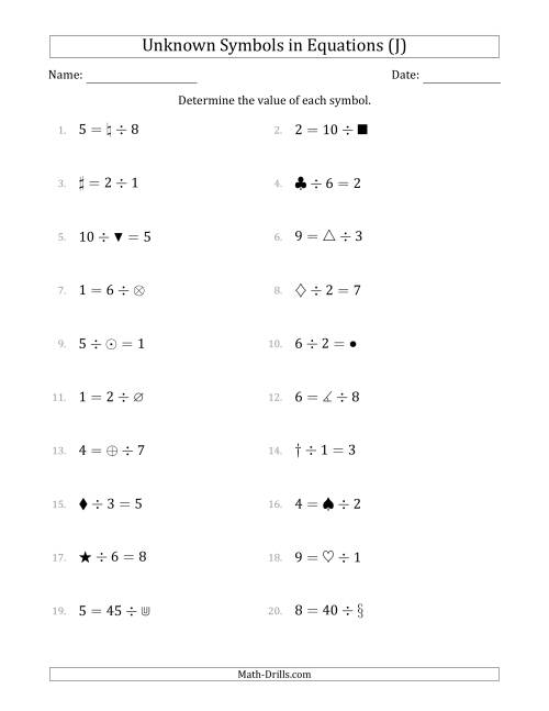 The Unknown Symbols in Equations - Division - Range 1 to 9 - Any Position (J) Math Worksheet