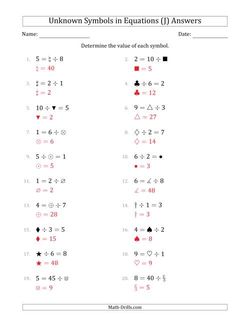 The Unknown Symbols in Equations - Division - Range 1 to 9 - Any Position (J) Math Worksheet Page 2