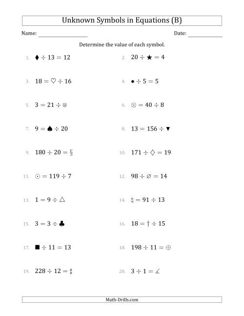 The Unknown Symbols in Equations - Division - Range 1 to 20 - Any Position (B) Math Worksheet