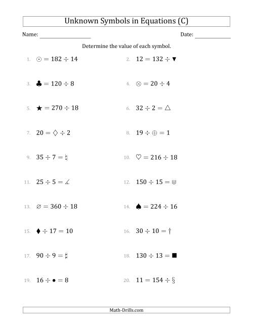 The Unknown Symbols in Equations - Division - Range 1 to 20 - Any Position (C) Math Worksheet