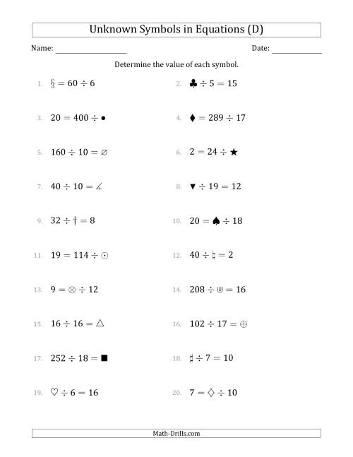 The Unknown Symbols in Equations - Division - Range 1 to 20 - Any Position (D) Math Worksheet
