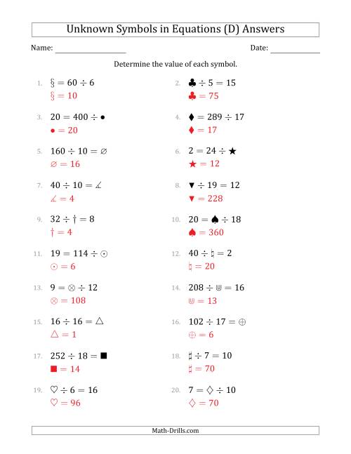 The Unknown Symbols in Equations - Division - Range 1 to 20 - Any Position (D) Math Worksheet Page 2