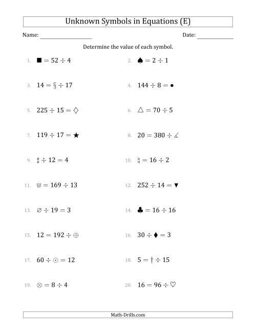 The Unknown Symbols in Equations - Division - Range 1 to 20 - Any Position (E) Math Worksheet