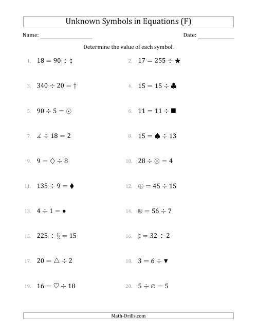 The Unknown Symbols in Equations - Division - Range 1 to 20 - Any Position (F) Math Worksheet