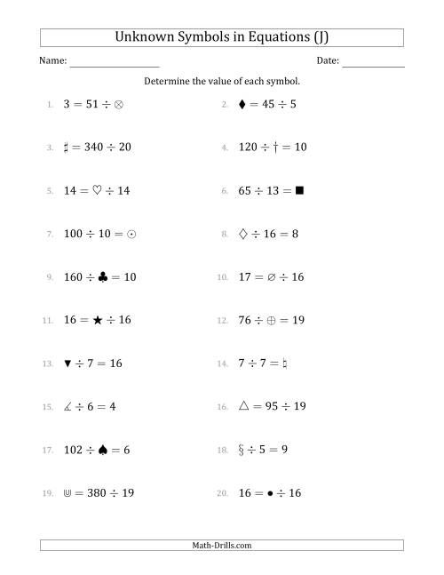 The Unknown Symbols in Equations - Division - Range 1 to 20 - Any Position (J) Math Worksheet