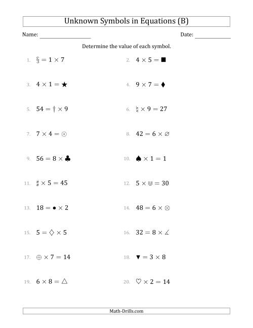 The Unknown Symbols in Equations - Multiplication - Range 1 to 9 - Any Position (B) Math Worksheet