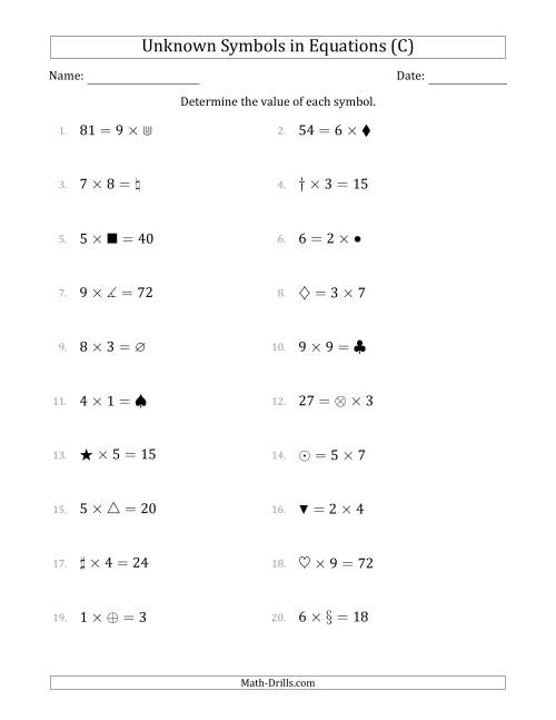 The Unknown Symbols in Equations - Multiplication - Range 1 to 9 - Any Position (C) Math Worksheet