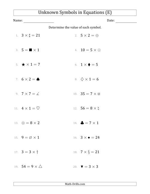 The Unknown Symbols in Equations - Multiplication - Range 1 to 9 - Any Position (E) Math Worksheet