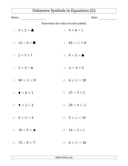 The Unknown Symbols in Equations - Multiplication - Range 1 to 9 - Any Position (G) Math Worksheet