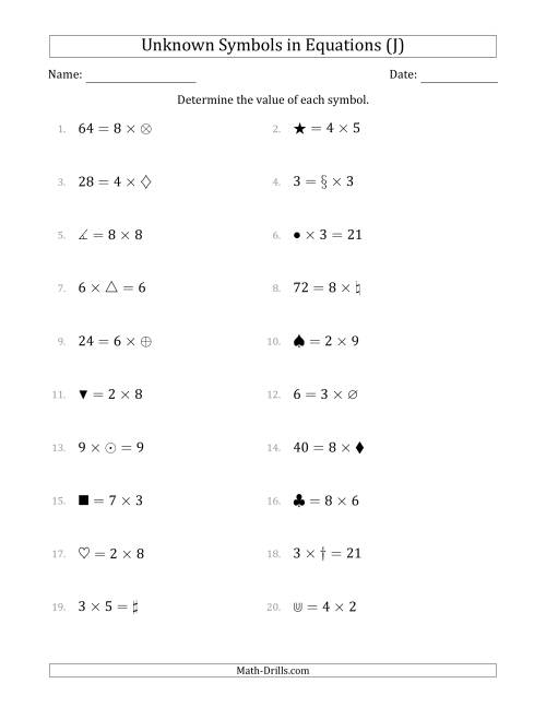 The Unknown Symbols in Equations - Multiplication - Range 1 to 9 - Any Position (J) Math Worksheet
