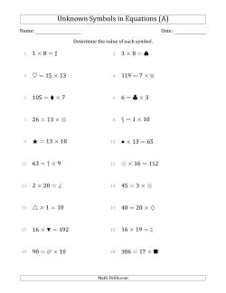 Unknown Symbols in Equations - Multiplication - Range 1 to 20 - Any Position