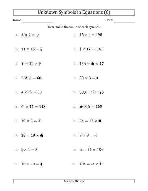 The Unknown Symbols in Equations - Multiplication - Range 1 to 20 - Any Position (C) Math Worksheet