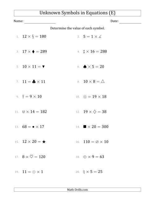 The Unknown Symbols in Equations - Multiplication - Range 1 to 20 - Any Position (E) Math Worksheet