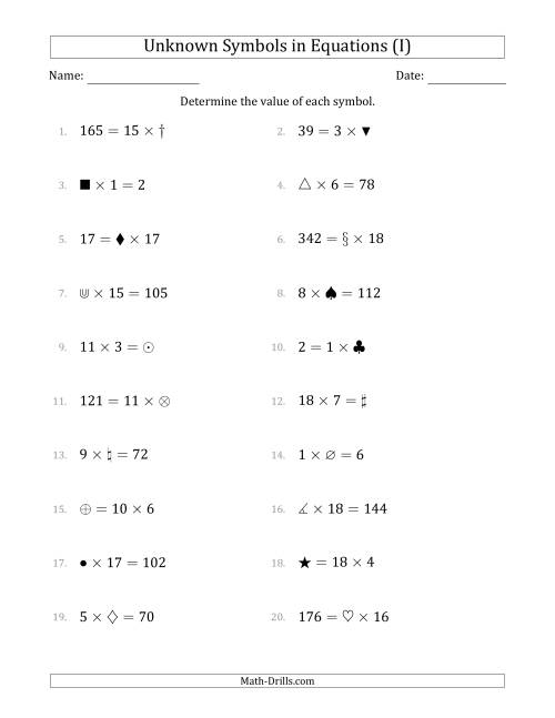 The Unknown Symbols in Equations - Multiplication - Range 1 to 20 - Any Position (I) Math Worksheet