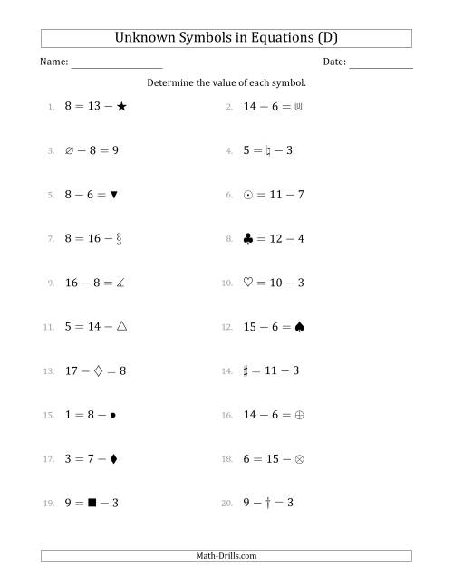 The Unknown Symbols in Equations - Subtraction - Range 1 to 9 - Any Position (D) Math Worksheet