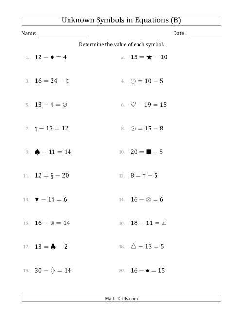 The Unknown Symbols in Equations - Subtraction - Range 1 to 20 - Any Position (B) Math Worksheet