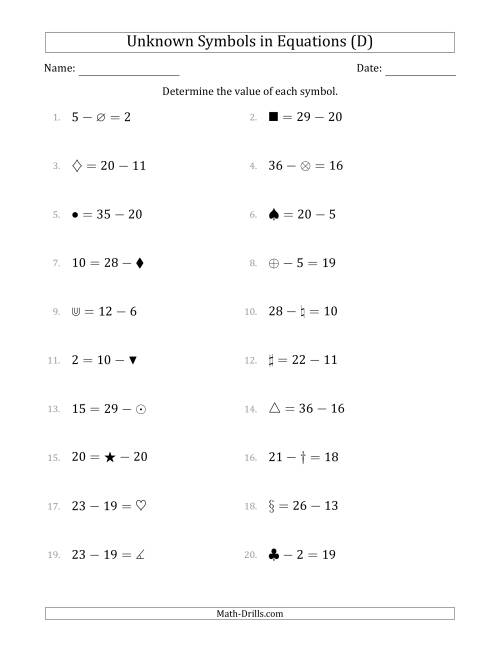 The Unknown Symbols in Equations - Subtraction - Range 1 to 20 - Any Position (D) Math Worksheet