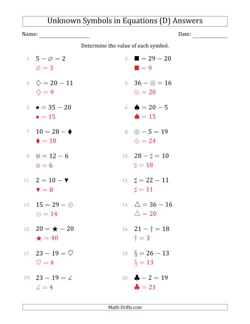 The Unknown Symbols in Equations - Subtraction - Range 1 to 20 - Any Position (D) Math Worksheet Page 2