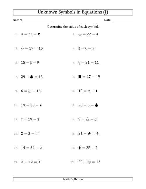 The Unknown Symbols in Equations - Subtraction - Range 1 to 20 - Any Position (I) Math Worksheet
