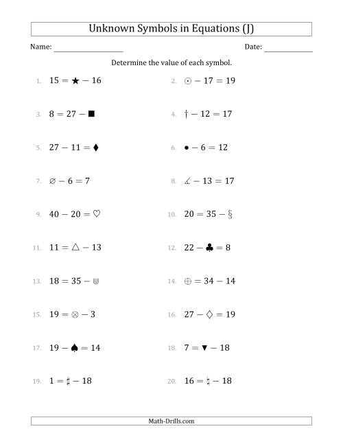 The Unknown Symbols in Equations - Subtraction - Range 1 to 20 - Any Position (J) Math Worksheet