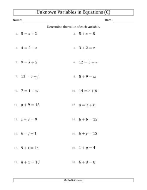 The Unknown Variables in Equations - Addition - Range 1 to 9 - Any Position (C) Math Worksheet