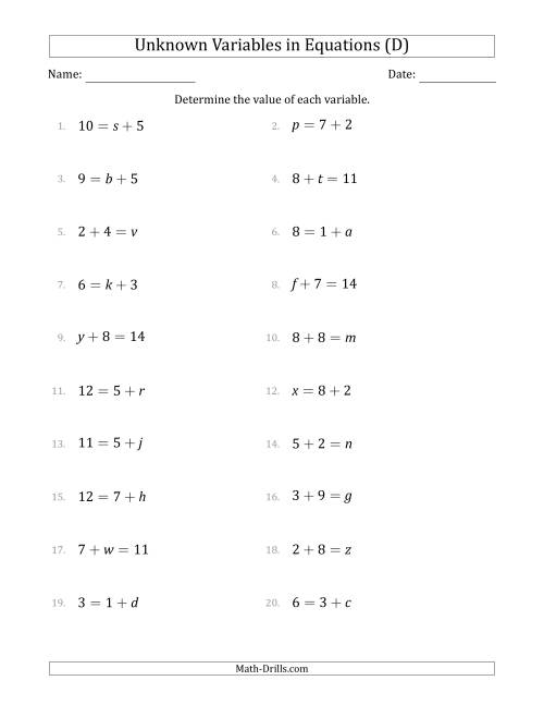 The Unknown Variables in Equations - Addition - Range 1 to 9 - Any Position (D) Math Worksheet
