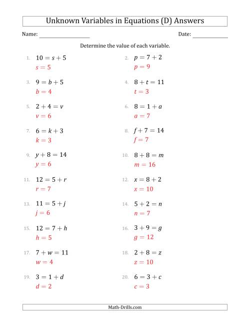 The Unknown Variables in Equations - Addition - Range 1 to 9 - Any Position (D) Math Worksheet Page 2