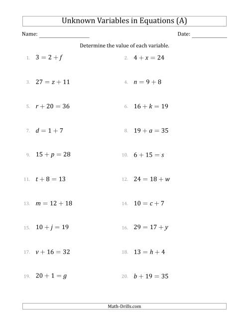 The Unknown Variables in Equations - Addition - Range 1 to 20 - Any Position (A) Math Worksheet