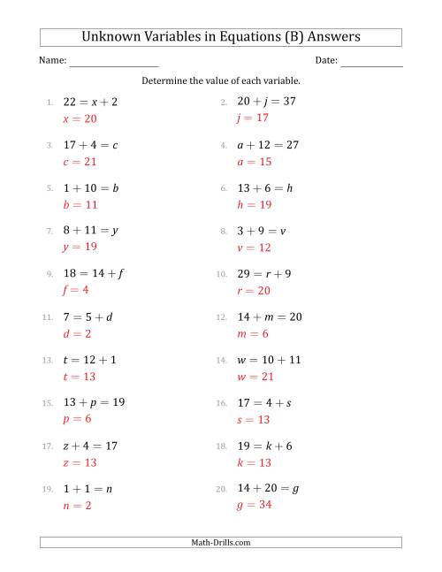 The Unknown Variables in Equations - Addition - Range 1 to 20 - Any Position (B) Math Worksheet Page 2