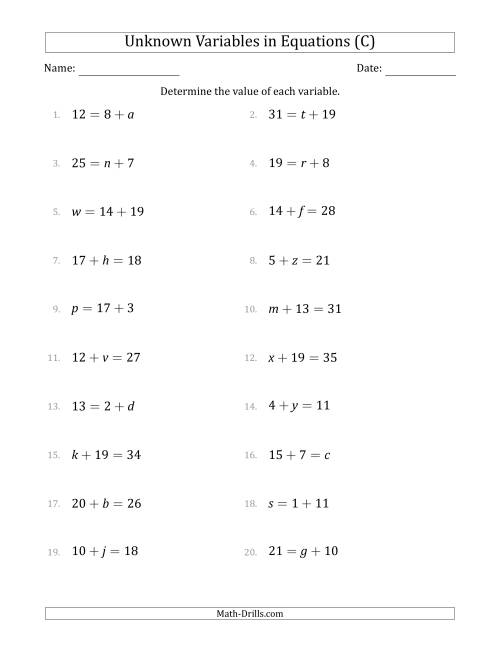 The Unknown Variables in Equations - Addition - Range 1 to 20 - Any Position (C) Math Worksheet