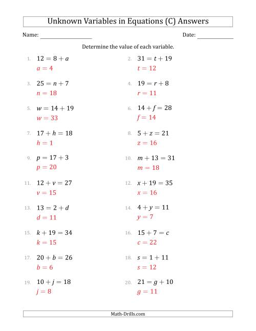 The Unknown Variables in Equations - Addition - Range 1 to 20 - Any Position (C) Math Worksheet Page 2