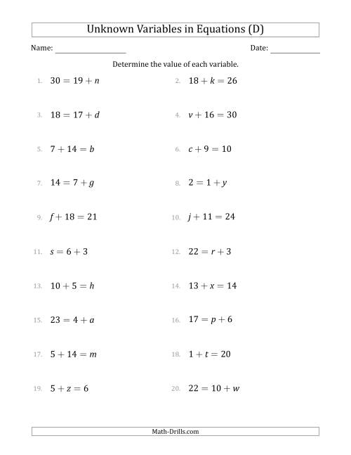 The Unknown Variables in Equations - Addition - Range 1 to 20 - Any Position (D) Math Worksheet