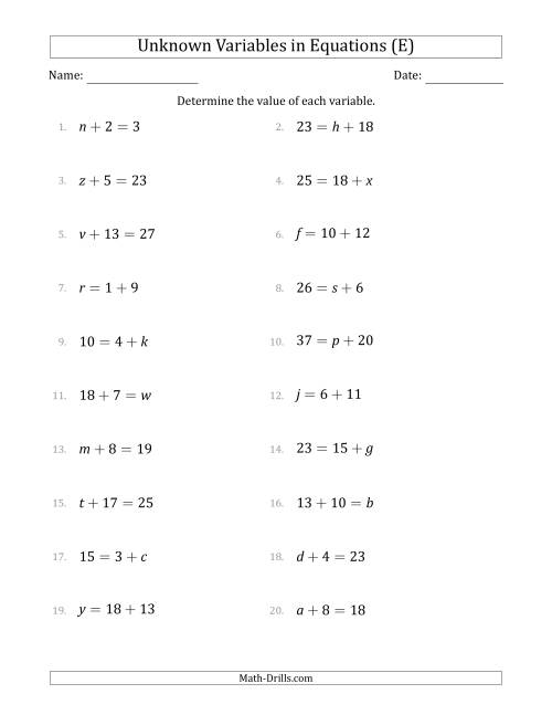 The Unknown Variables in Equations - Addition - Range 1 to 20 - Any Position (E) Math Worksheet