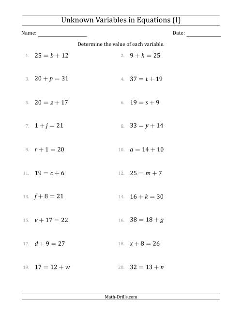 The Unknown Variables in Equations - Addition - Range 1 to 20 - Any Position (I) Math Worksheet