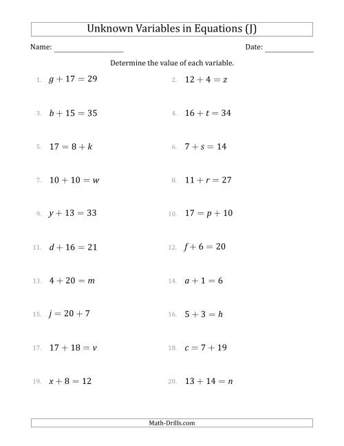 The Unknown Variables in Equations - Addition - Range 1 to 20 - Any Position (J) Math Worksheet