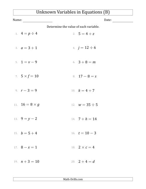 The Unknown Variables in Equations - All Operations - Range 1 to 9 - Any Position (B) Math Worksheet
