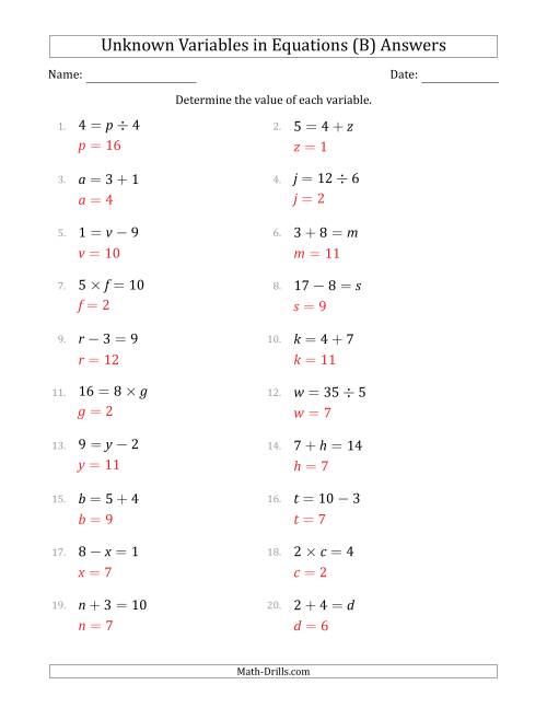 The Unknown Variables in Equations - All Operations - Range 1 to 9 - Any Position (B) Math Worksheet Page 2