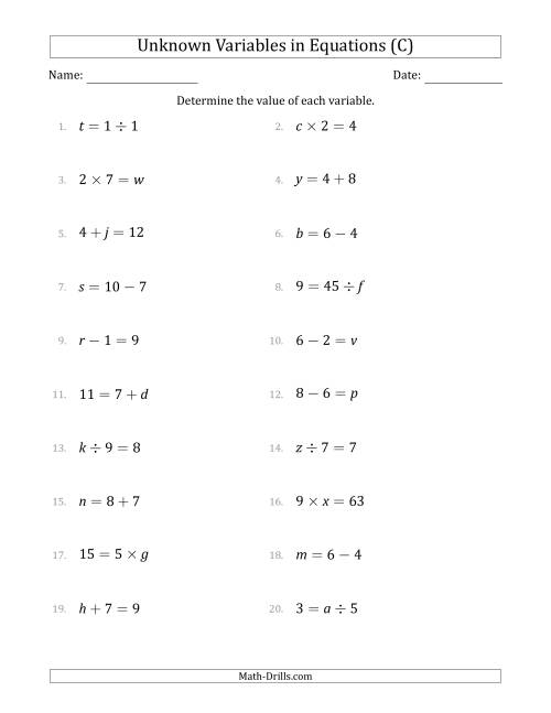 The Unknown Variables in Equations - All Operations - Range 1 to 9 - Any Position (C) Math Worksheet