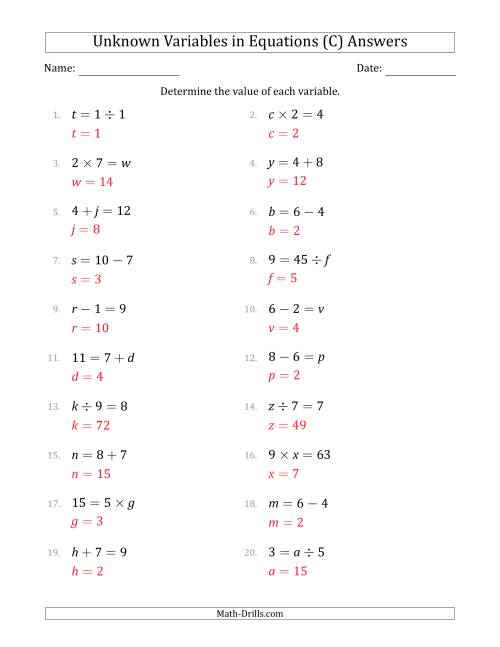The Unknown Variables in Equations - All Operations - Range 1 to 9 - Any Position (C) Math Worksheet Page 2