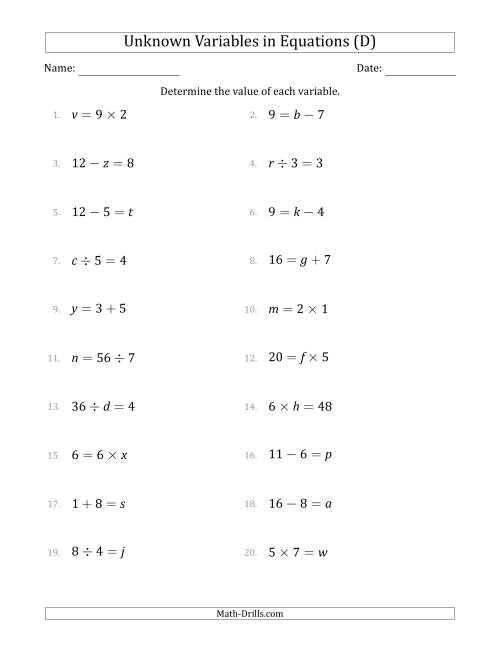 The Unknown Variables in Equations - All Operations - Range 1 to 9 - Any Position (D) Math Worksheet