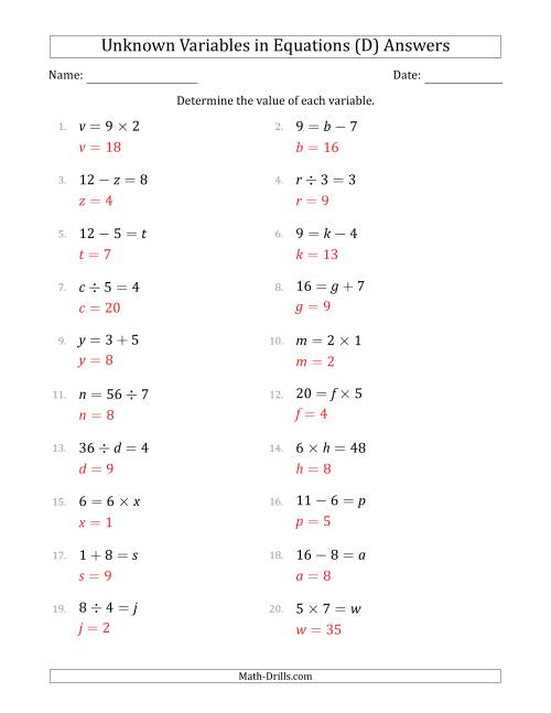 The Unknown Variables in Equations - All Operations - Range 1 to 9 - Any Position (D) Math Worksheet Page 2