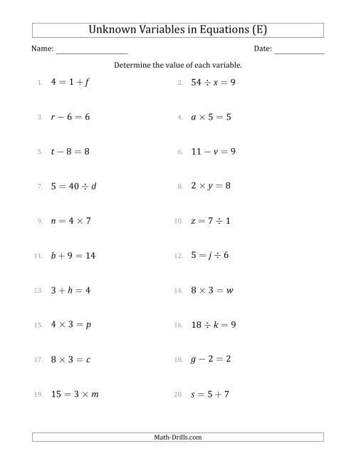 The Unknown Variables in Equations - All Operations - Range 1 to 9 - Any Position (E) Math Worksheet