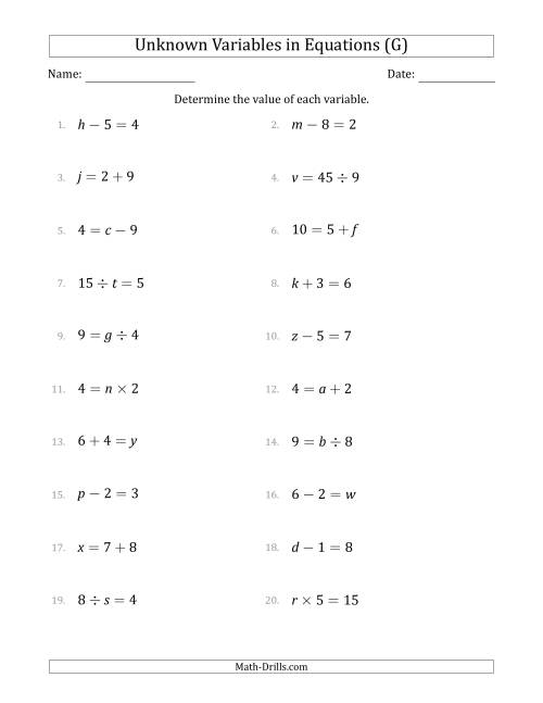 The Unknown Variables in Equations - All Operations - Range 1 to 9 - Any Position (G) Math Worksheet